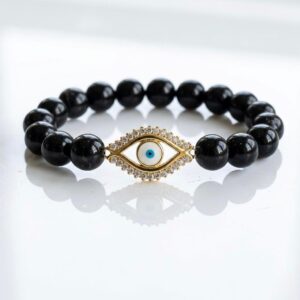 Black Tourmaline Premium Crystal Bracelet with Evil Eye Charm