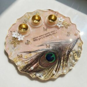 Peacock Feather Resin Pooja Thali 10 Inches Handcrafted Peacock Feather Aarti Thali
