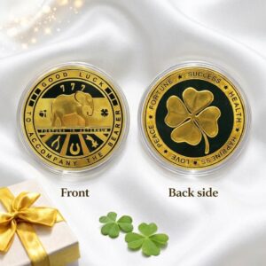 Lucky Golden 4 Leaf Clover Coin with Elephant & Lucky Symbols For Good Luck