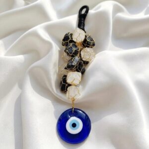 Black Tourmaline & Selenite Crystal Hanging with Evil Eye Charm