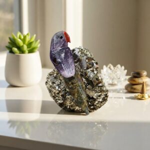 Hand-Carved Amethyst Bird on Pyrite Base Sculpture Natural Amethyst Bird Crystal Statue