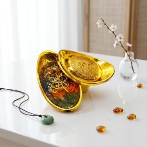 Feng Shui Gold Ingot Wealth Bowl with Money Attracting Crystal Chips Gold Ingot Wealth Bowl for Prosperity Good Luck and Abundance Feng Shui Gold Wealth Bowl with Prosperity Crystal Chips